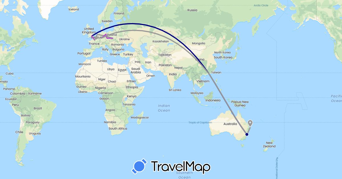 TravelMap itinerary: driving, plane, train in Australia, China, Czech Republic, Germany, France, United Kingdom, Netherlands, Poland (Asia, Europe, Oceania)